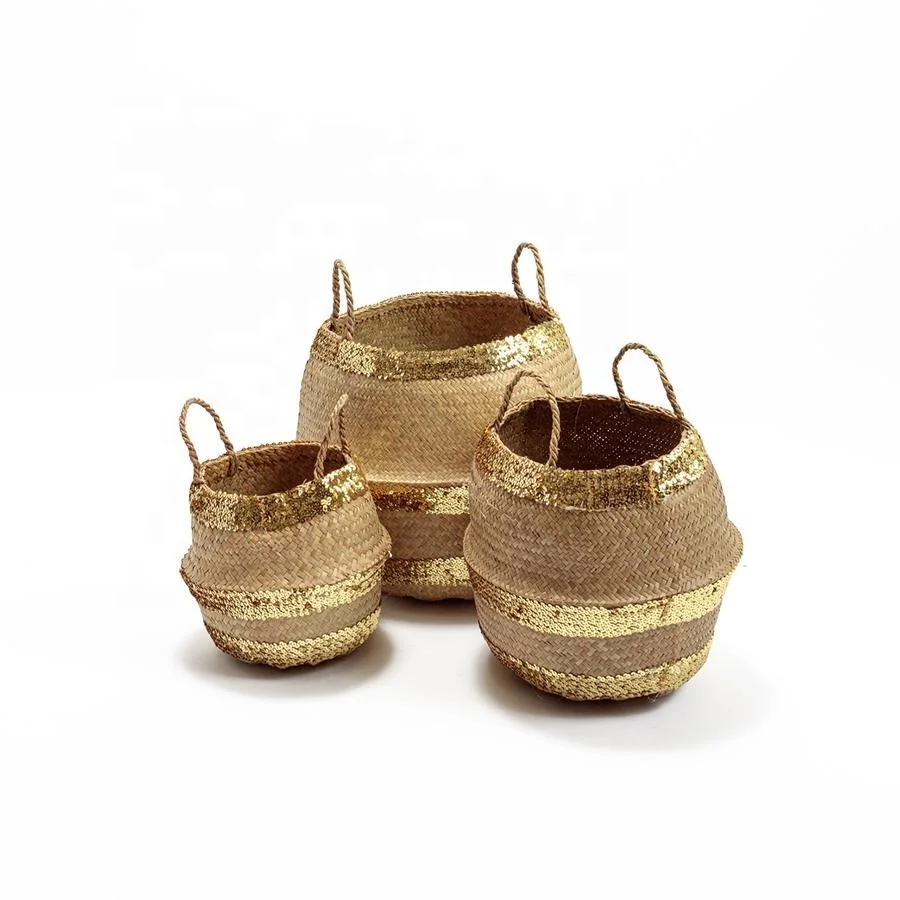 Gold Sequin Seagrass Belly Basket Ecofriendly Woven Seagrass