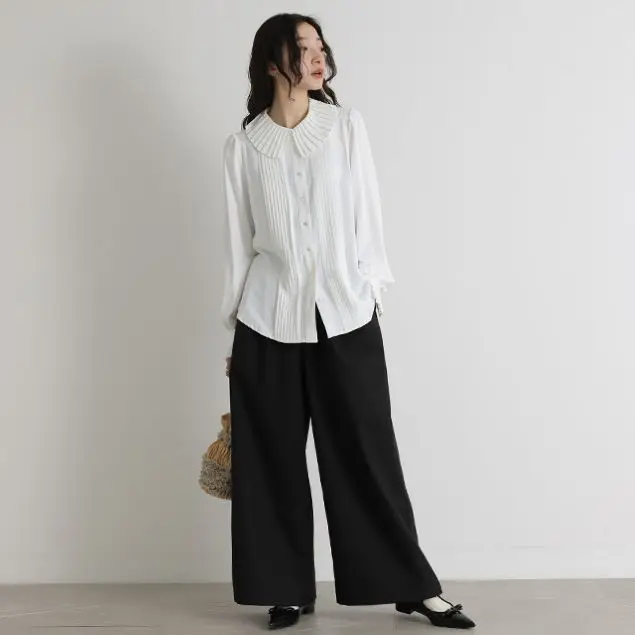 Shell Style Women's Classic Button Front Opening Shirt Collared Big Collar Chubby Body Covering Large Sizes 10s for Girls