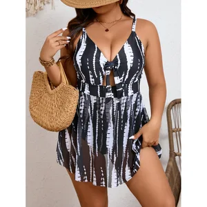 Custom Plus Size Women's Quick Dry Swimsuit 1 Piece V-Neck Striped Tankinis High Waist Tummy Control Bandeau Bathing Suit