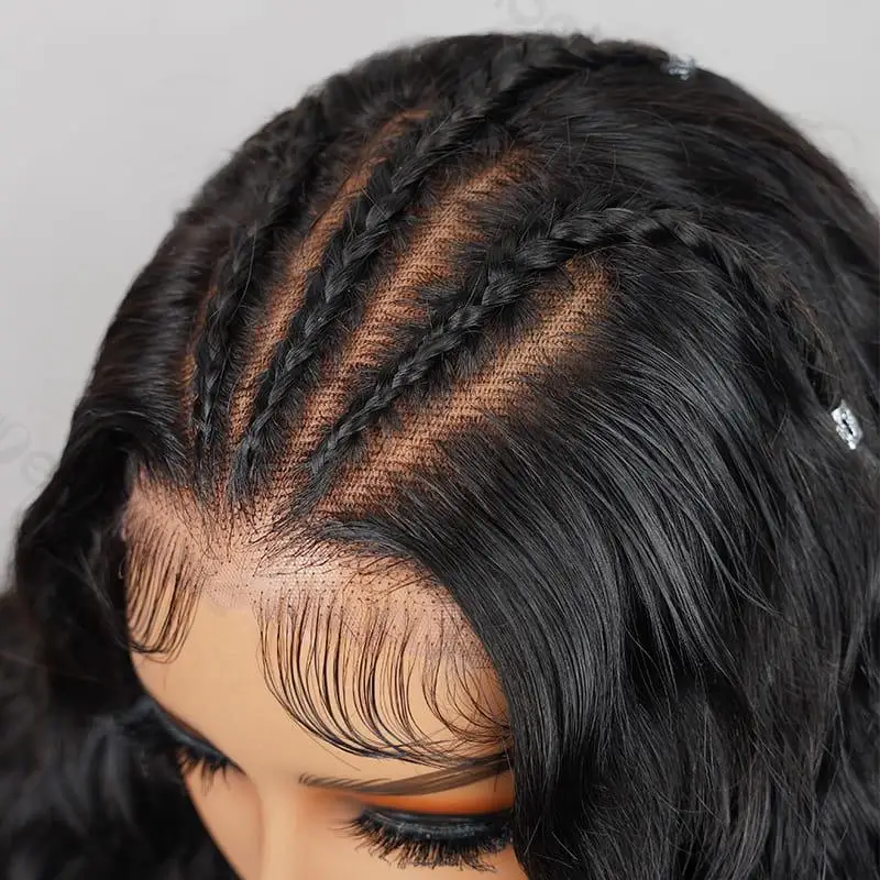 Halo Braided Ocean Wave Double Drawn Natural Black Human Hair Wig 6x5 Glueless Lace Pre Bleached Tiny Knots Lace Wig