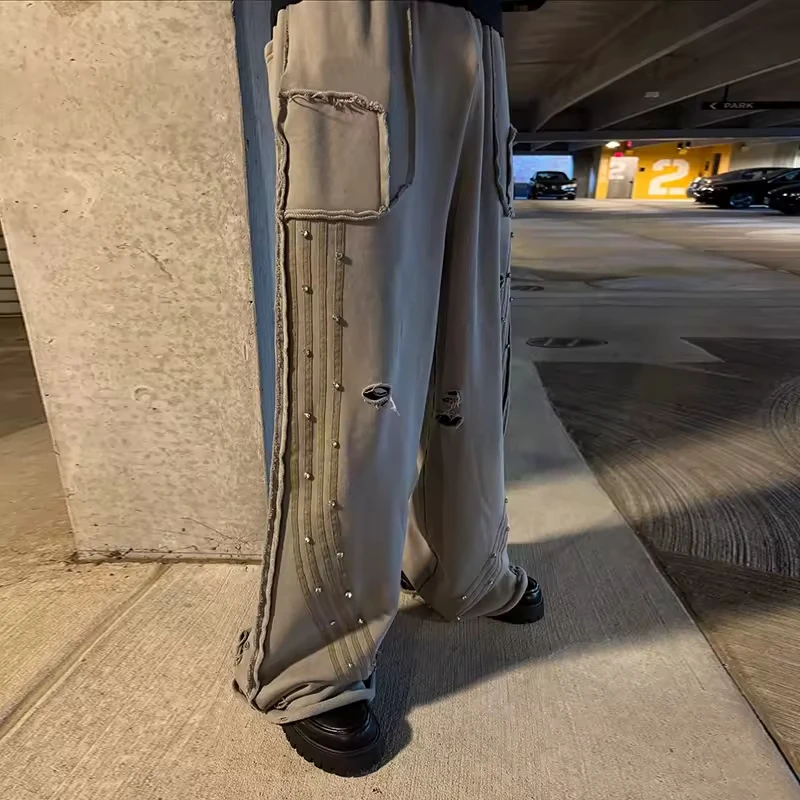 Custom Reverse Stitching Men's Oversized Rhinestone Distressed Wide Leg Baggy Side Stripe Stacked Jogger Sweatpants Man gallery 3