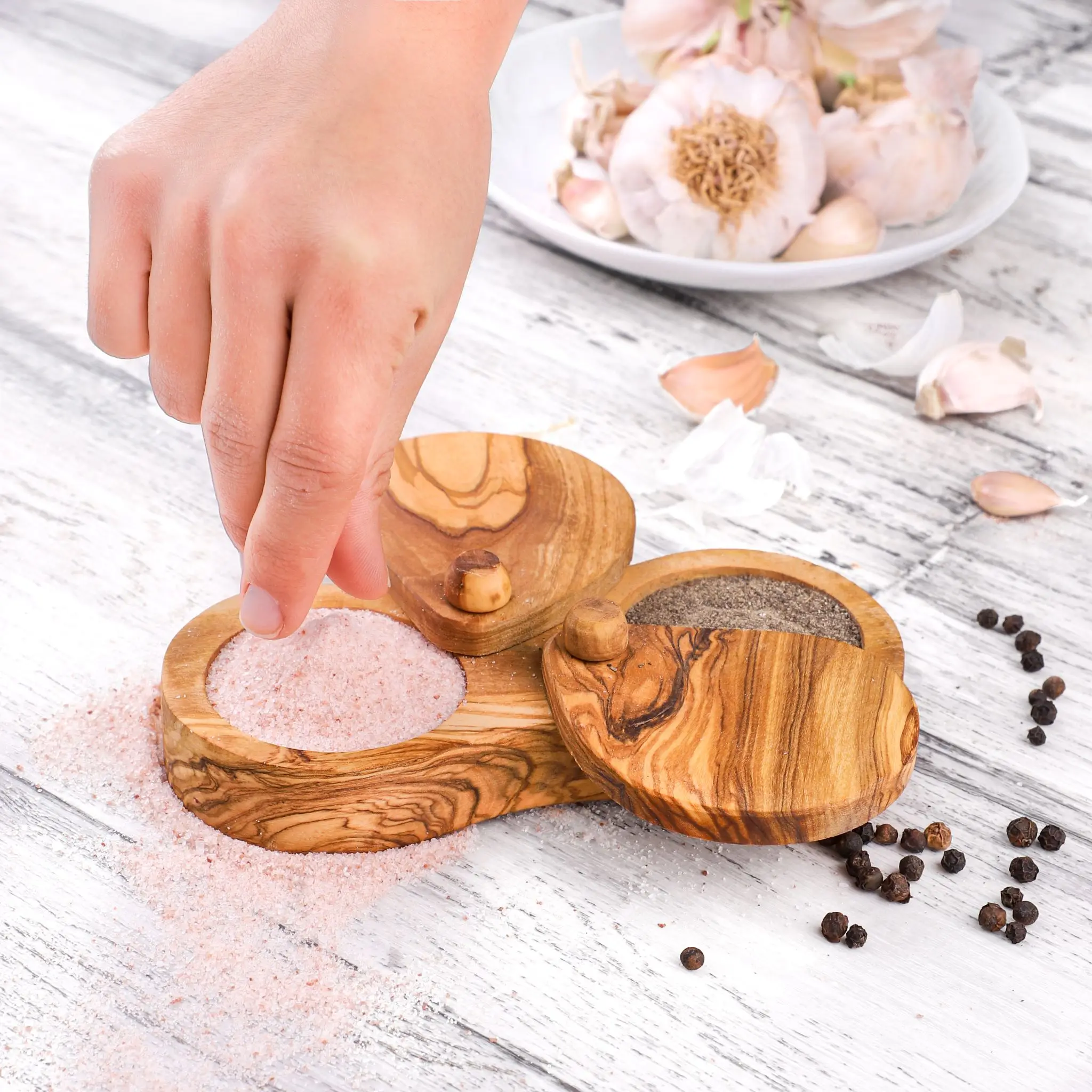 Set of 3 Wood Spice Jars Wooden Lids - Artisraw