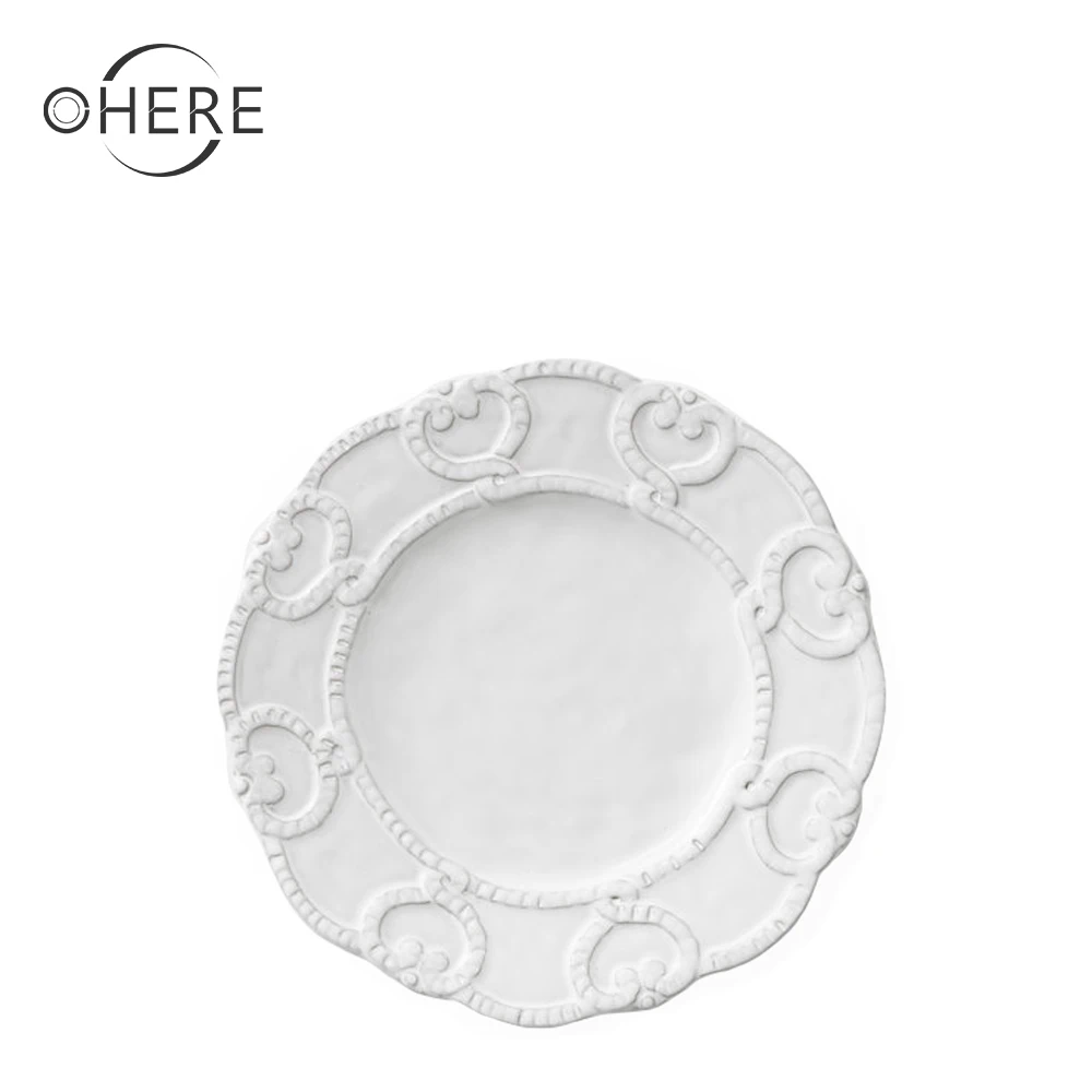 Ohere Bulk Serving Plates Porcelain Wedding Dishware High Quality Pink Embossed Ceramic 13inch Charger Plates