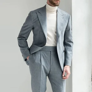 Customized Gray Striped  Men's Suits Formal Wedding Groom Business Exquisite One Button High Grade Dress Two Piece Set