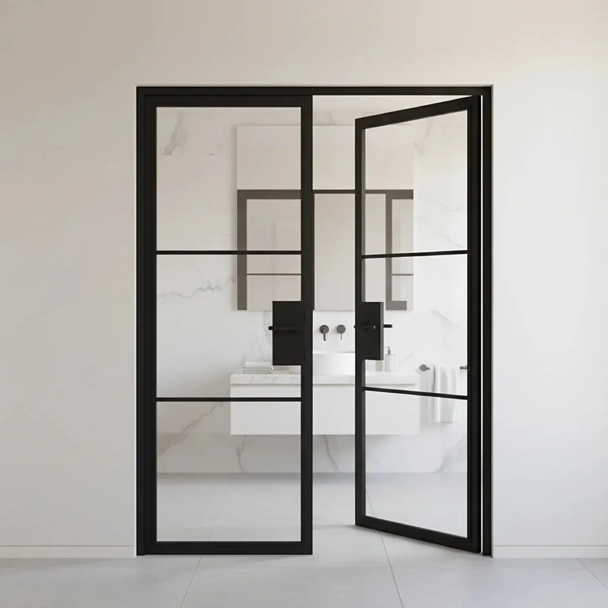 Black aluminum crittall french doors installed as bathroom partition with matte white marble backdrop