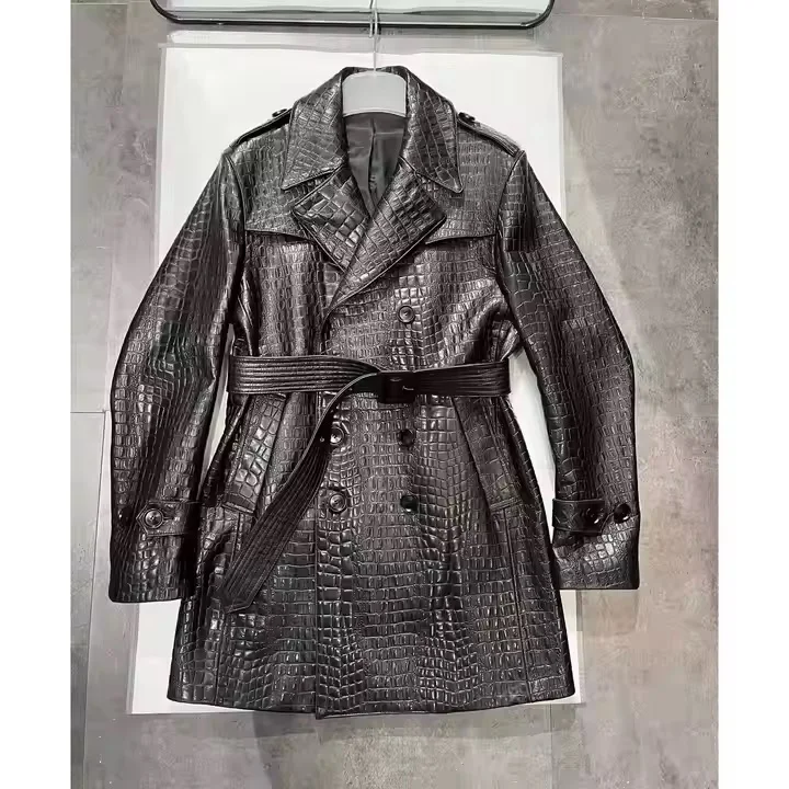 Hot Sale Wholesale High Quality Genuine Sheep Skin Waterproof Vintage Winter Trench Leather Jacket Coat For Men Black Front