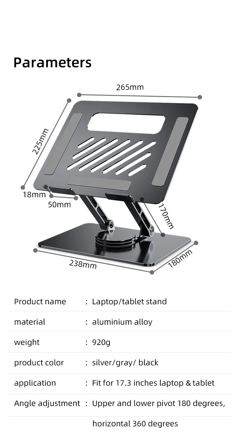 Aluminium Adjustable Laptop Stand With 360 Rotating Base Computer Stand For Laptop Ergonomic Foldable Laptop Riser Gray Silver