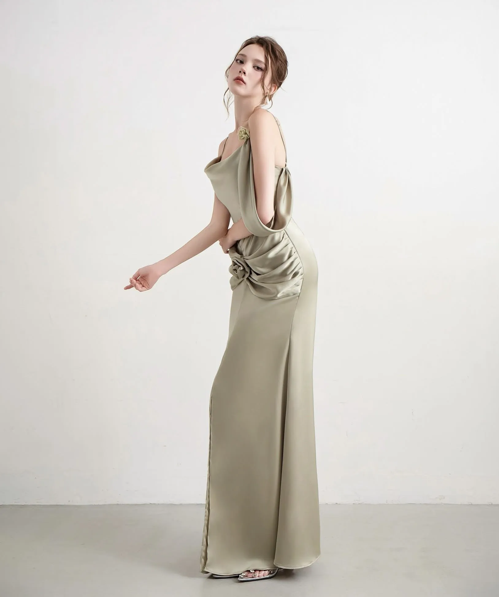 Elegant Light Olive Green Satin Evening Gown Premium Long Dress with Floral  Draped Detail Made in Vietnam| Alibaba.com