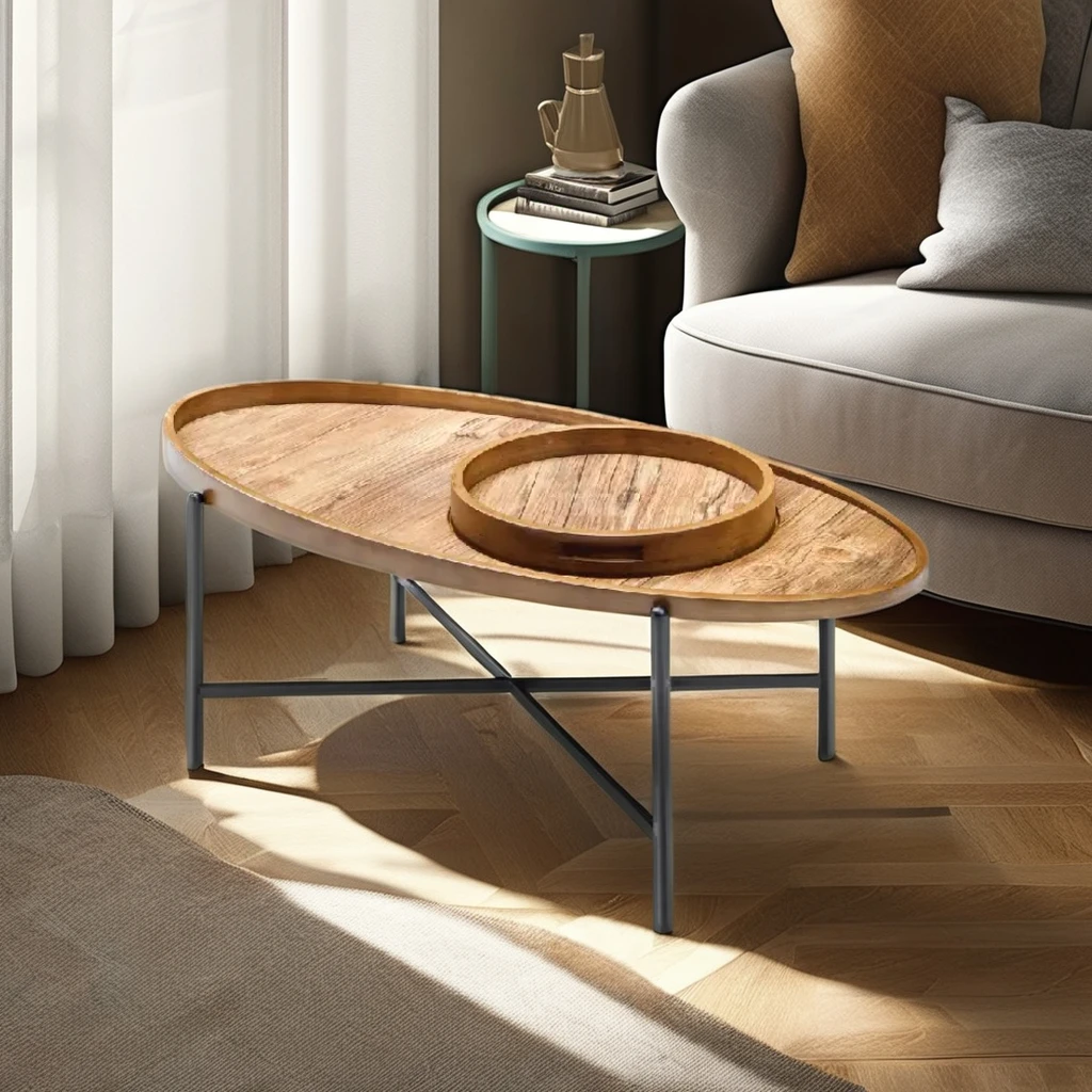 Elliptical Wooden Coffee Table with Integrated Decorative Tray Brown Elegant Design for Living Room European