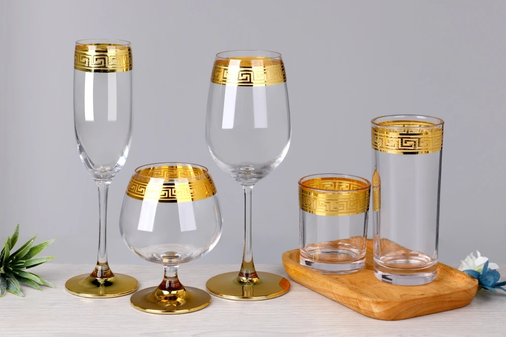 Heavy Bottom Greek Key Gold Rim Champagne Flutes Brandy Snifters Highball Rocks Whiskey Red Wine Drinking Glass