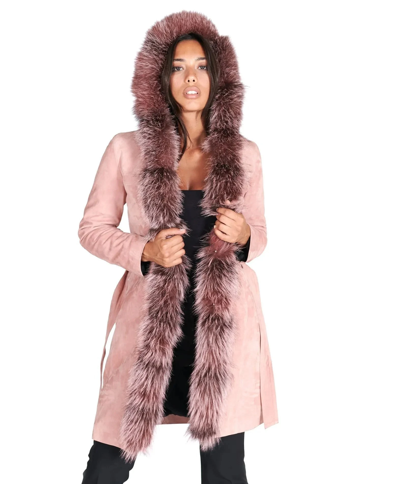 Women Pink Suede Lamb Leather Hooded Coat Fur Edge Manufacture From Pakistan By Village Impex - Image 1