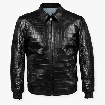 Men's Croc Leather Jacket New Crocodile Embossed Black Genuine Cow-skin ...