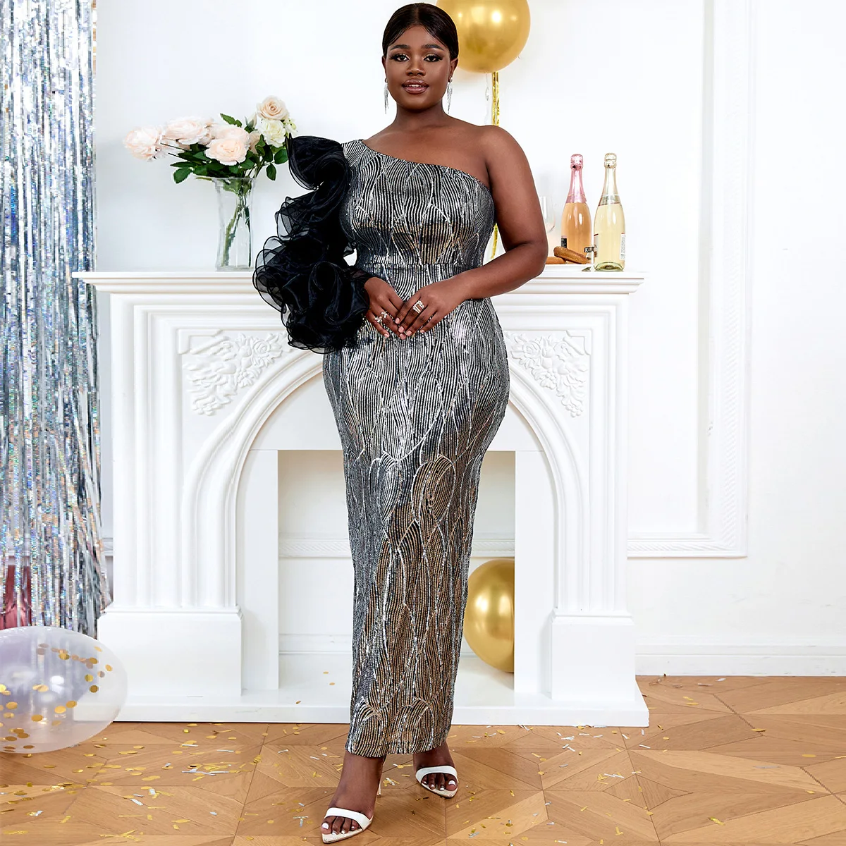 Elegant Ruffle Lady Evening One Shoulder Long Sleeve Sequin Dress Elegant Ruffle Lady Evening One Shoulder Long Sleeve Sequin Dress