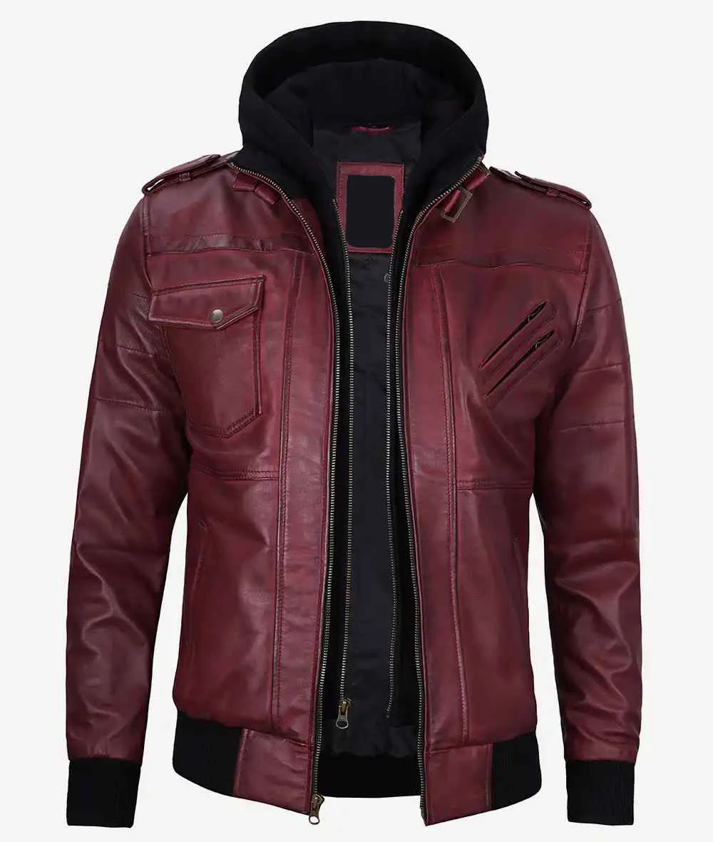 Premium Men's Maroon Genuine Leather Bomber Jacket with Removable Hood Custom Vintage Distressed Slim Fit Winter Fleece Lining