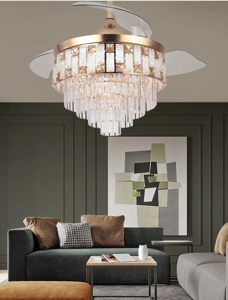 Y262 Luxury 42 Inch Ceiling Fan Light Gold Crystal Retractable Fan Light and Remote Control Invisible European LED Fan Light