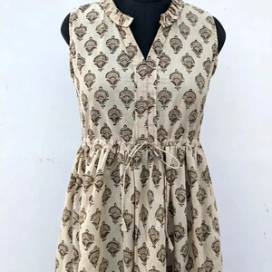 Hand Block Printed Cotton Maxi Dress Floral Handmade Summer Autumn Winter Nonwoven Solid Pattern Partywear Beachwear Dress