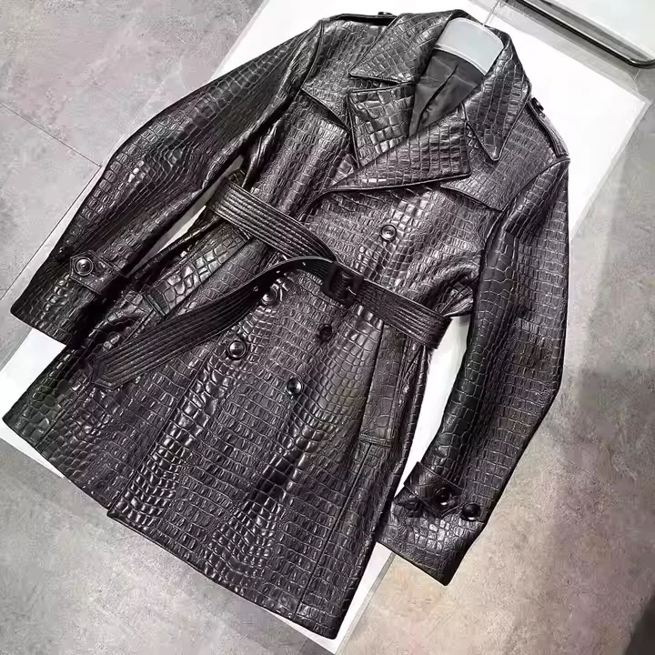 Hot Sale Wholesale High Quality Genuine Sheep Skin Waterproof Vintage Winter Trench Leather Jacket Coat For Men Black Front - Image 5
