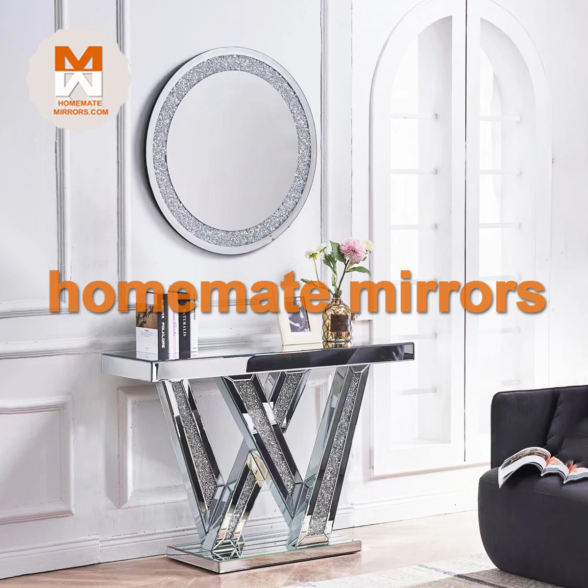 Hot Modern Glass Mirrored Console Table With Wall Mirror Faux Crystal ...