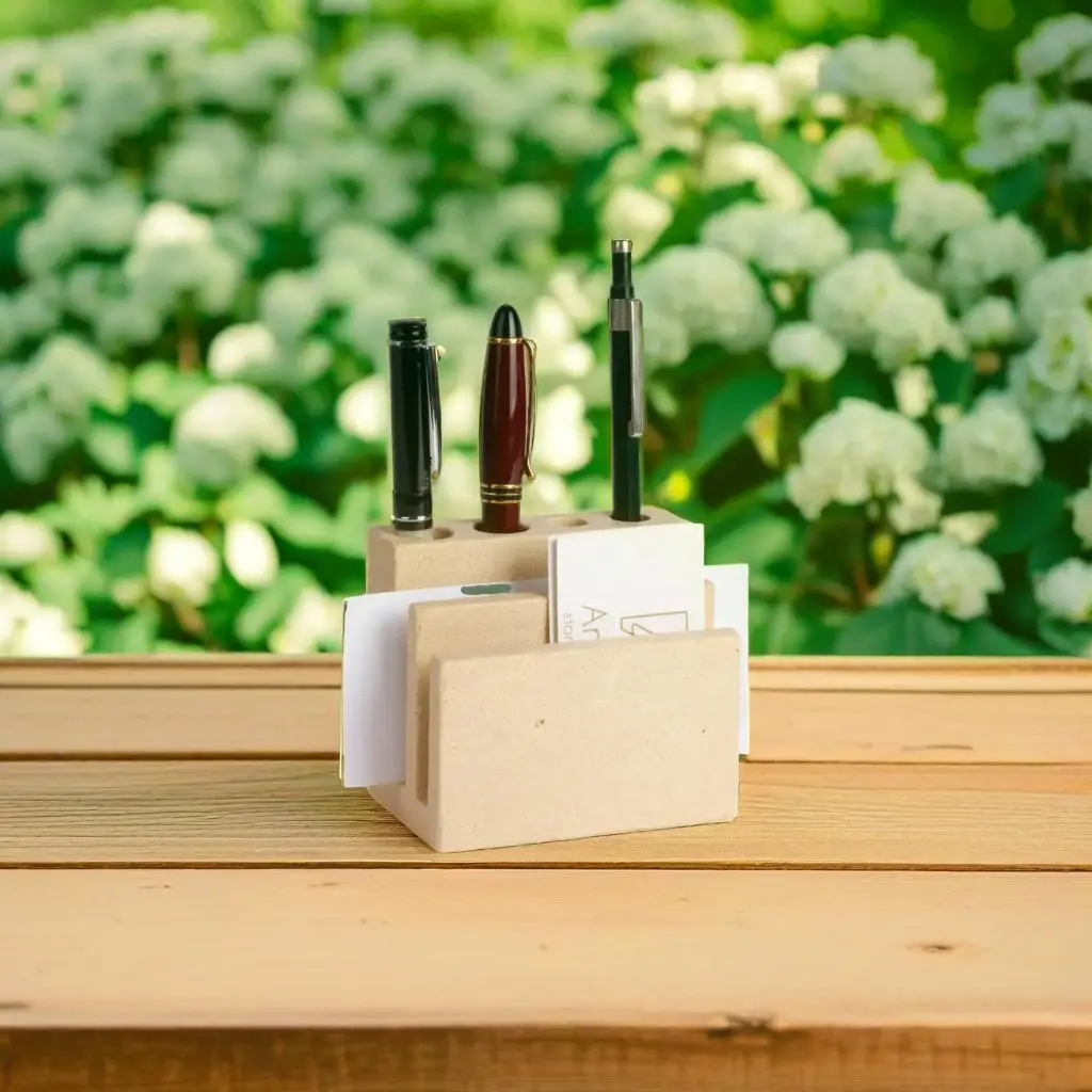 Elegant Travertine Stone Desktop Organizer with Pen Holder and Tissue Rack for Office or Home Use