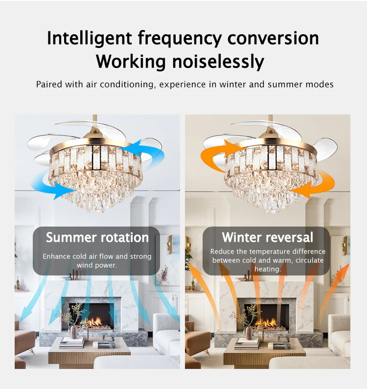 Y262 Luxury 42 Inch Ceiling Fan Light Gold Crystal Retractable Fan Light and Remote Control Invisible European LED Fan Light
