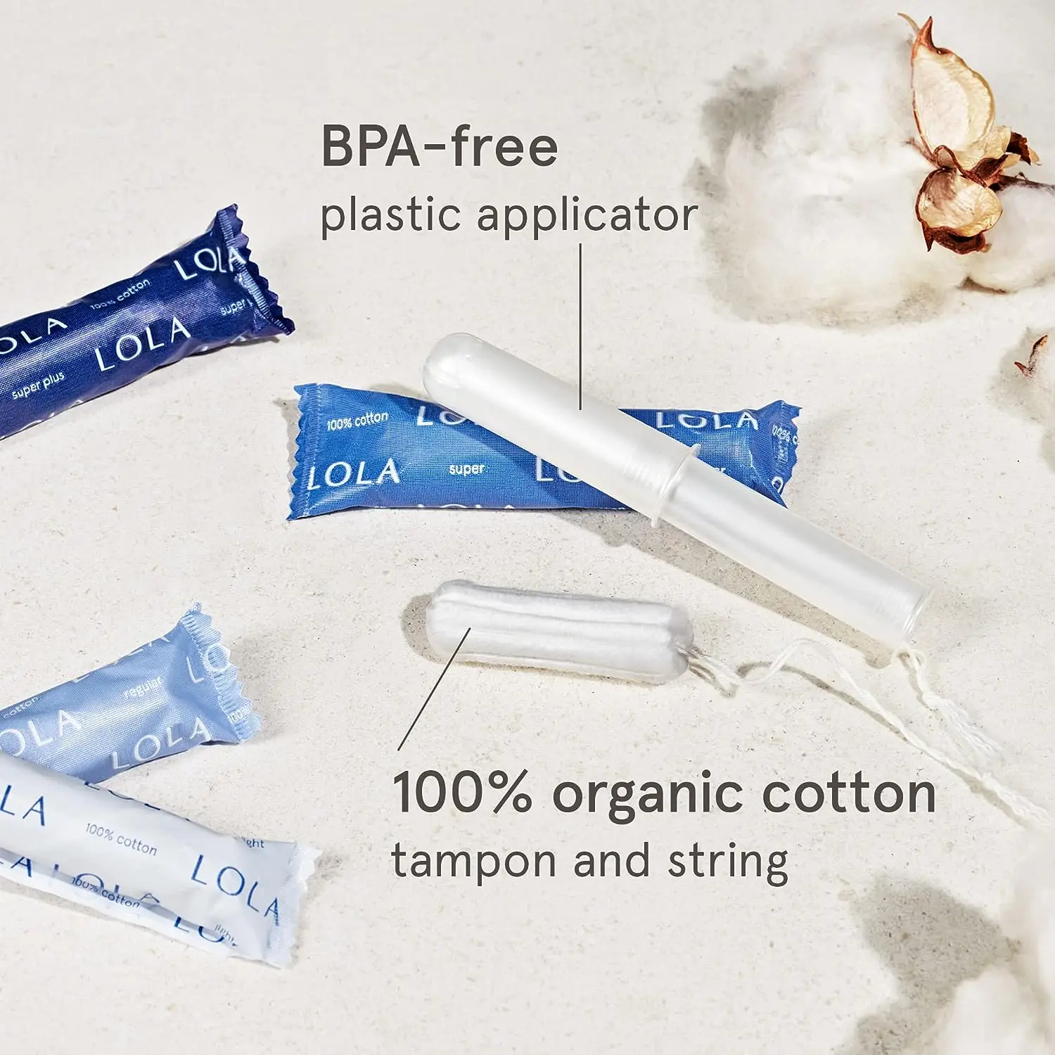 Lola Organic Cotton Unscented Tampons,Super Plus Absorbency Natural
