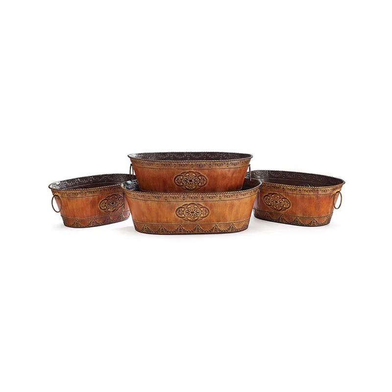 Set of 4 Embosed Metal Nested Tin Planters Accented With Medallion in the Center Each Planter Has Side Ring Handles in Wholesale