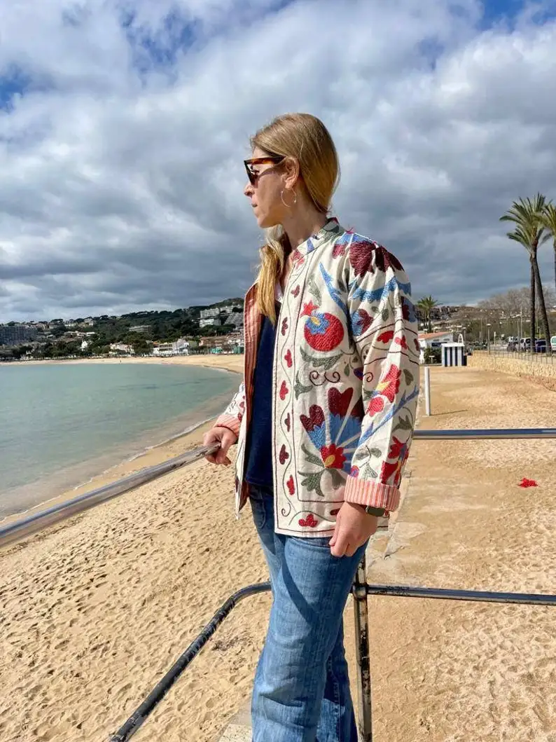 2025 New Women's Suzani Embroidered Vintage Bomber Jacket Long Boho Floral Design Autumn/Winter 100% Cotton Eco-Friendly