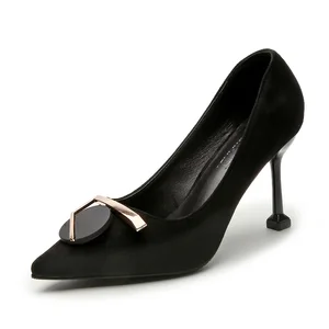 Black Suede Pointed Toe Stiletto Heel Pumps, Slip-On Formal Summer Women's Shoes with Buckle Decor