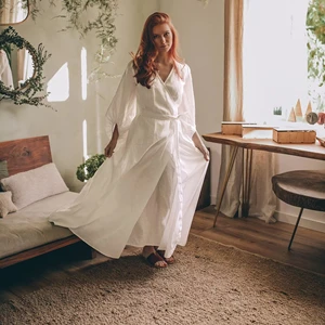 White Linen Maxi Dress with Bishop Sleeve High Collar Wrap Style Casual Plus Size Wedding/Birthday Renaissance Maxi Dress