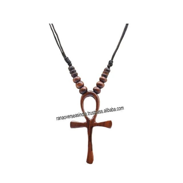 Factory Direct Sale Wooden Egyptian Ankh Cross Pendant Necklace