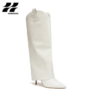 Elegant White Pu Leather Knee-High Stiletto Boots Winter Zip Closure Comfortable Height Increasing Pointed-Toe Design
