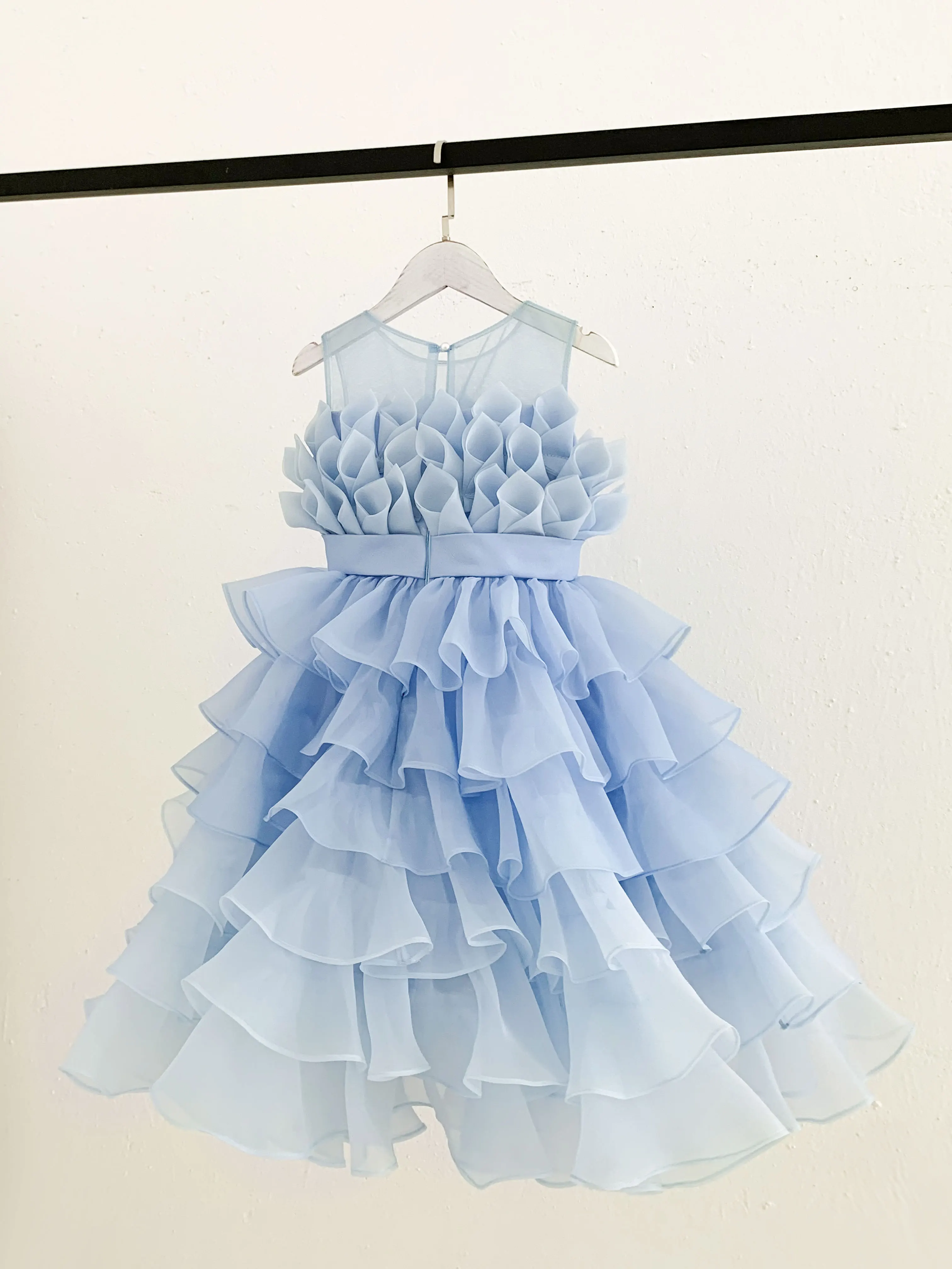 Dusty Blue Organza Floral Flower Girl Dresses With Belt, Little Girl Dresses, FG075