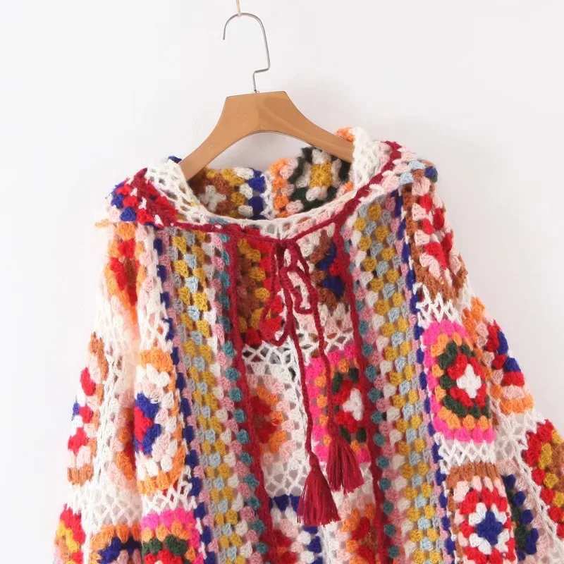 Spring Retro Knitted Crochet Hooded Cardigan Beach Long Coat Hollow Women's Knitted Sweater Cardigan