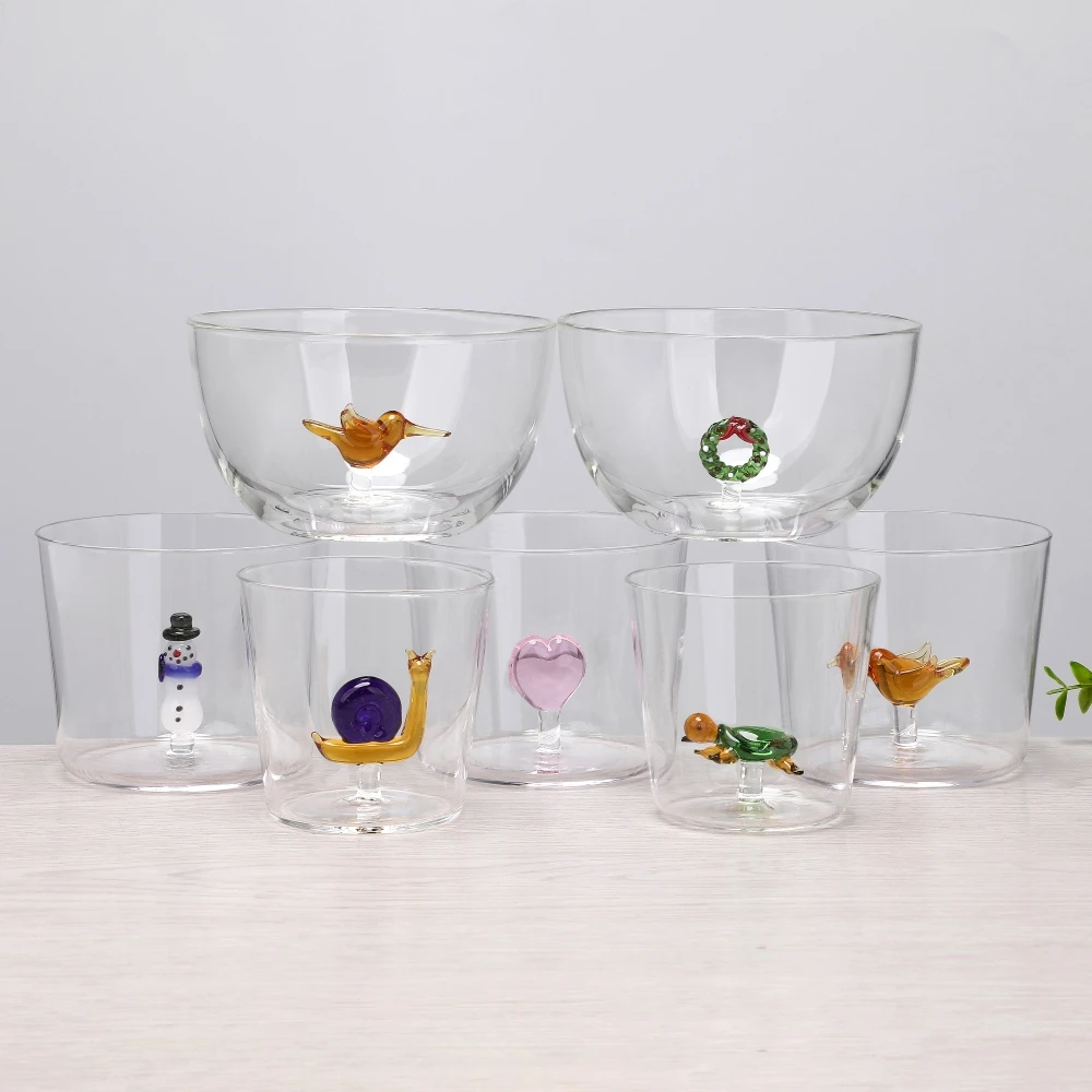 OEM 300ml 500ml Custom Christmas Gift Hand Blown Borosilicate 3D Drinking Glass Cup with Turtle Cute Animal Figurine Inside