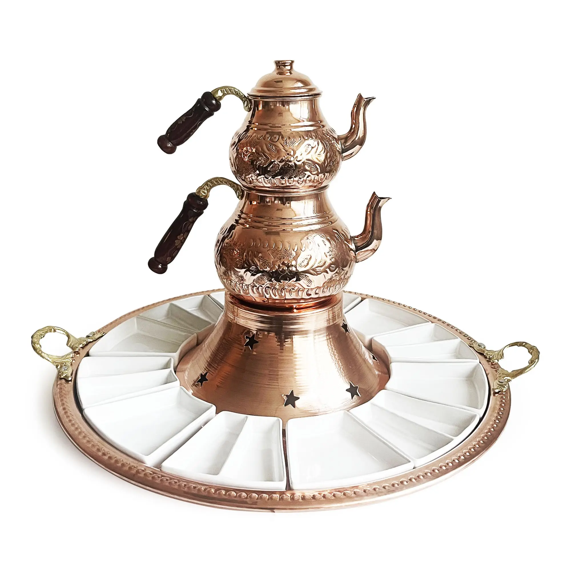 Handmade Copper Turkish Breakfast Set With Hand Carved Teapot Set, Burner and Porcelain Mini Plates, Stovetop Tea Kettle