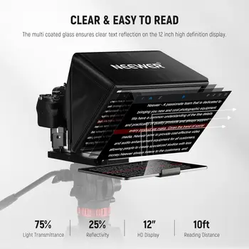 NEEWER Basics X12B Aluminum Alloy Liftable Teleprompter 12" for iPad Tablet Phone DSLR Camera, No Assembly, Remote & App detail image