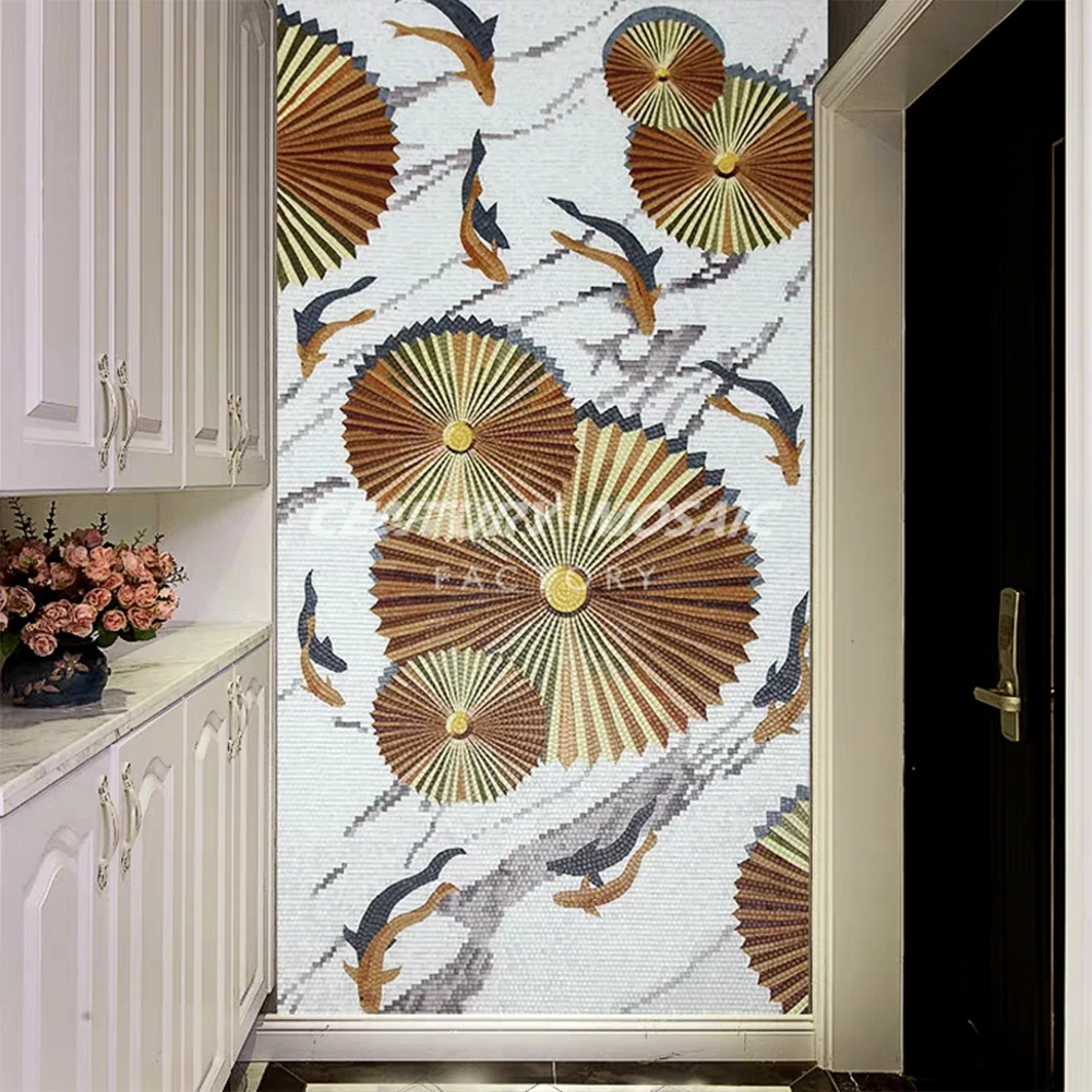 Centurymosaic Customized Handmade Fish Picture Patterns Glass Mural Art Mosaic Tile for Wall Thailand Factory
