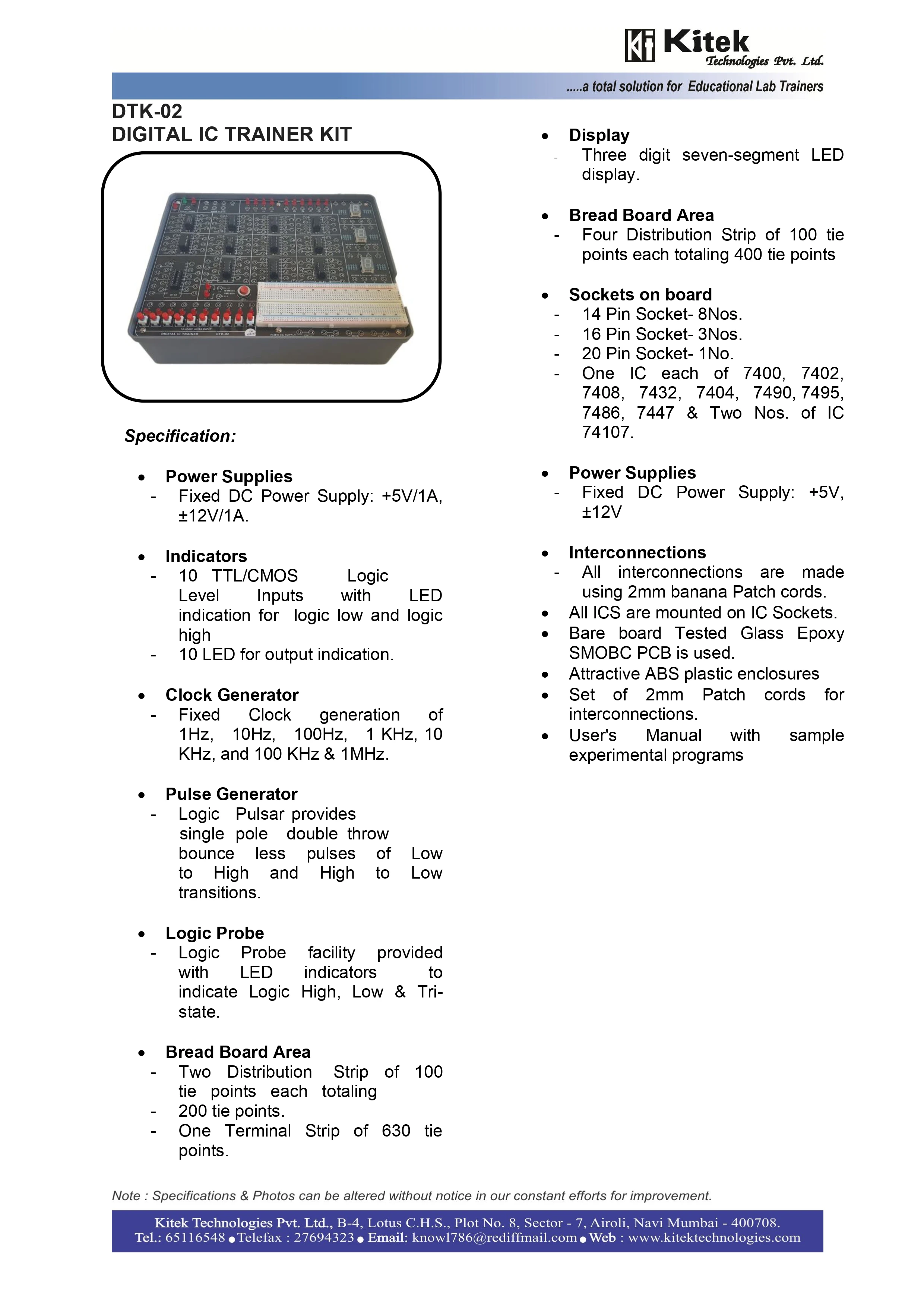 Kitek Digital Ic Trainer Kit - Ideal for Digital Logic Learning