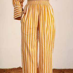 Yellow And White 100% Cotton Textile Print Wide Legs Pants Stripes Full Elastic Waist Trouser Wholesale Price At Bulk OEM