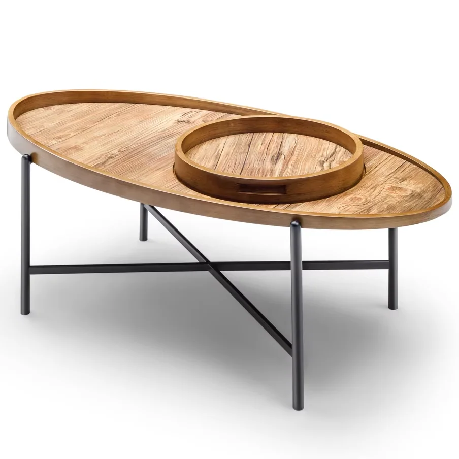 Elliptical Wooden Coffee Table with Integrated Decorative Tray Brown Elegant Design for Living Room European