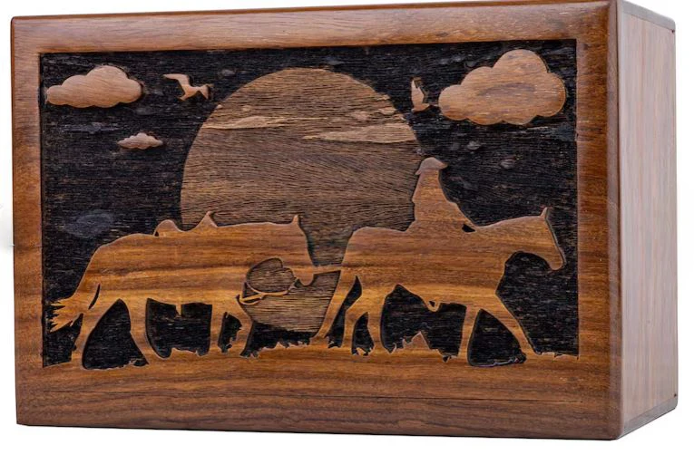 Funeral Urns for Columbarium,Handmade Double Uplifting Horse Wood Cremation Urns for Human Ash Adult Tree of Life Funeral UrnBox