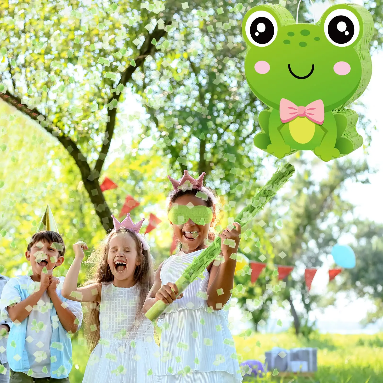 Green Frog Pinata with Blindfold Confetti and Stick Frog Pinata Set for Summer Boys Girls Kids Birthday Party Favors Decorations