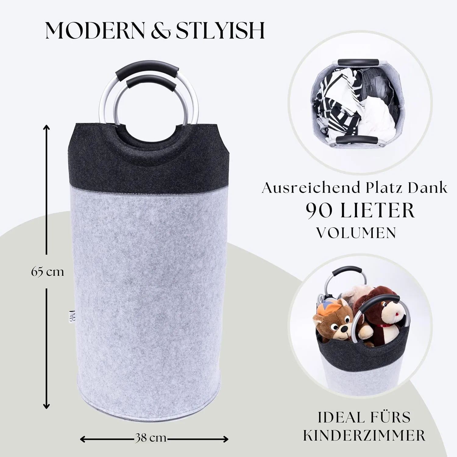 Large capacity felt laundry hamper with 90 liter volume and dimensions