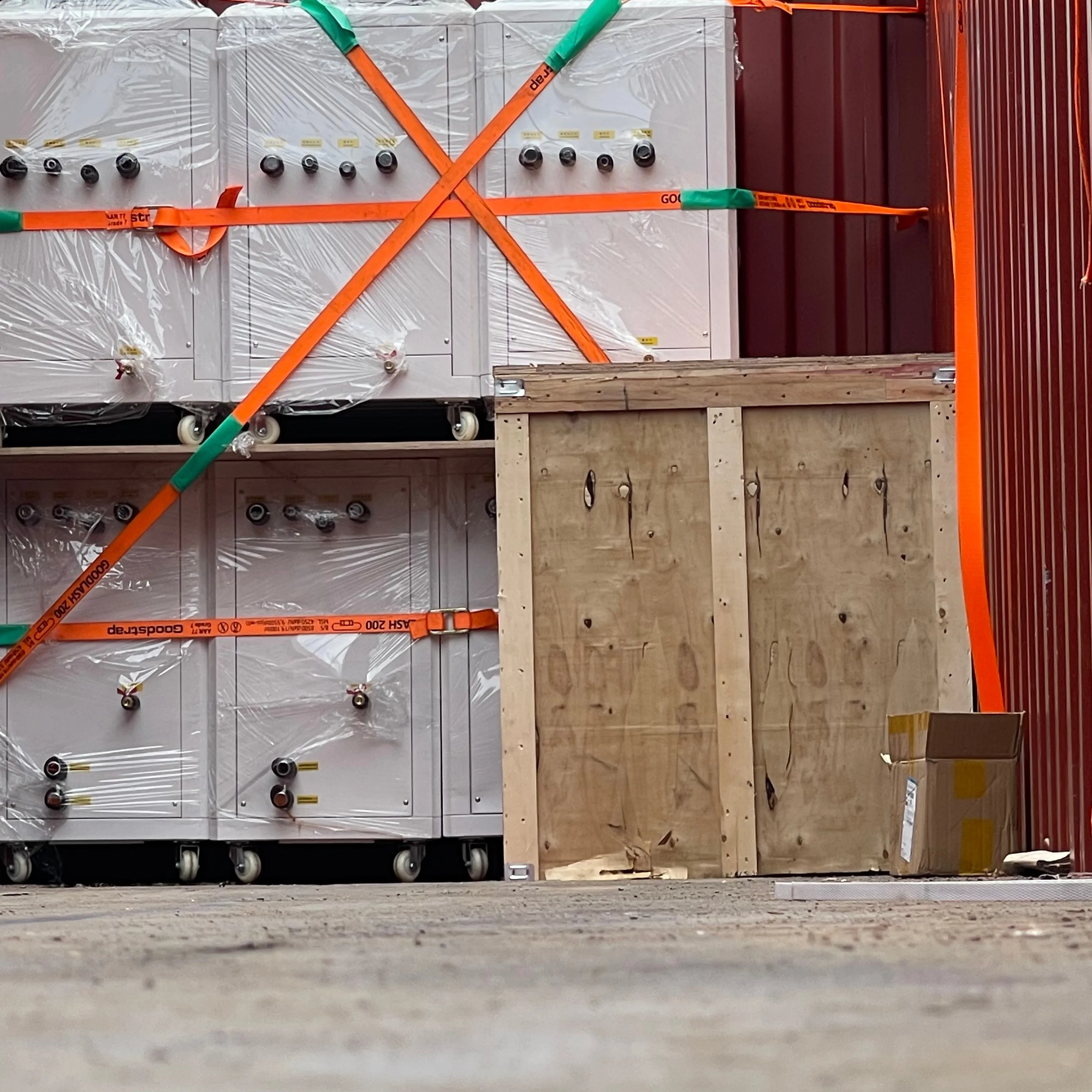Plastic cup production equipment protected with straps
