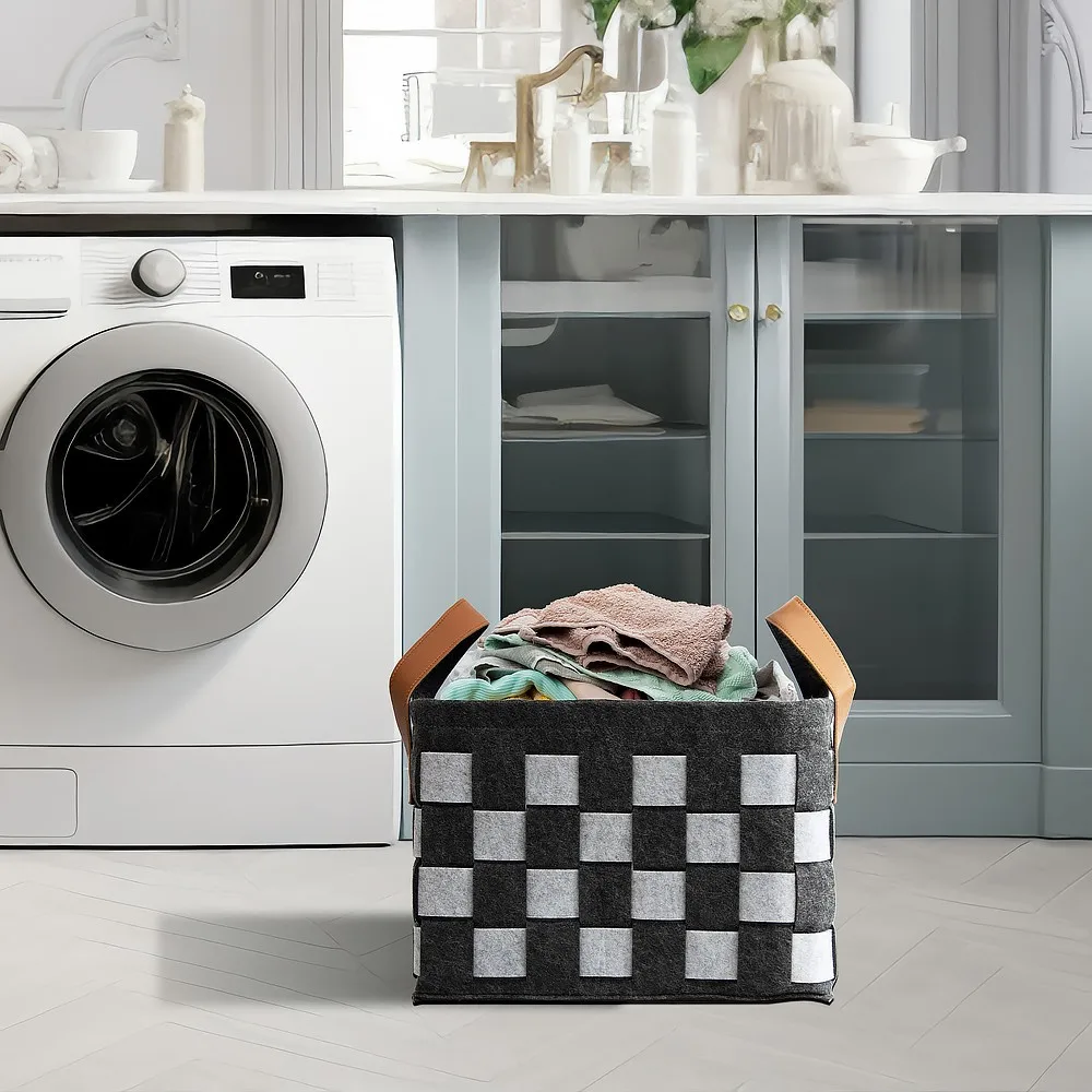 Square felt storage basket in a tidy laundry area corner