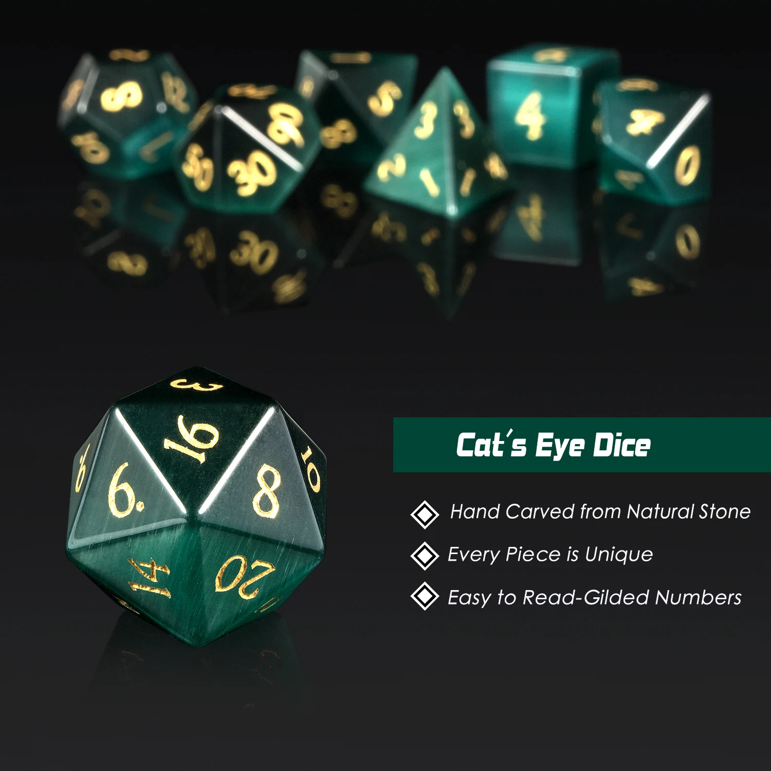 Лидер продаж, кости из натурального драгоценного камня d & d с гравировкой, игральные кости под драгоценный камень ручной работы, набор многогранных костей для настольных игр, Зеленый кошачий глаз