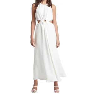 Custom High Quality Spring Summer Fashion Chiffon Ruffle Maxi White Elegant Casual Women's  Dresses