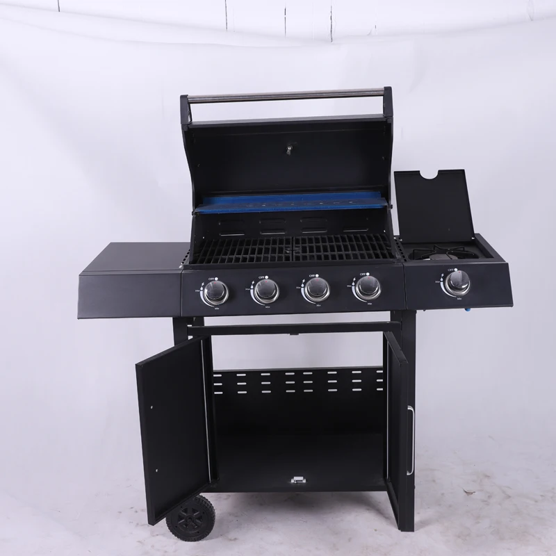 High-durability Type Cast Iron 5-head Bbq Trolley Smoker Lidded Gas Grill for Outdoor Camping