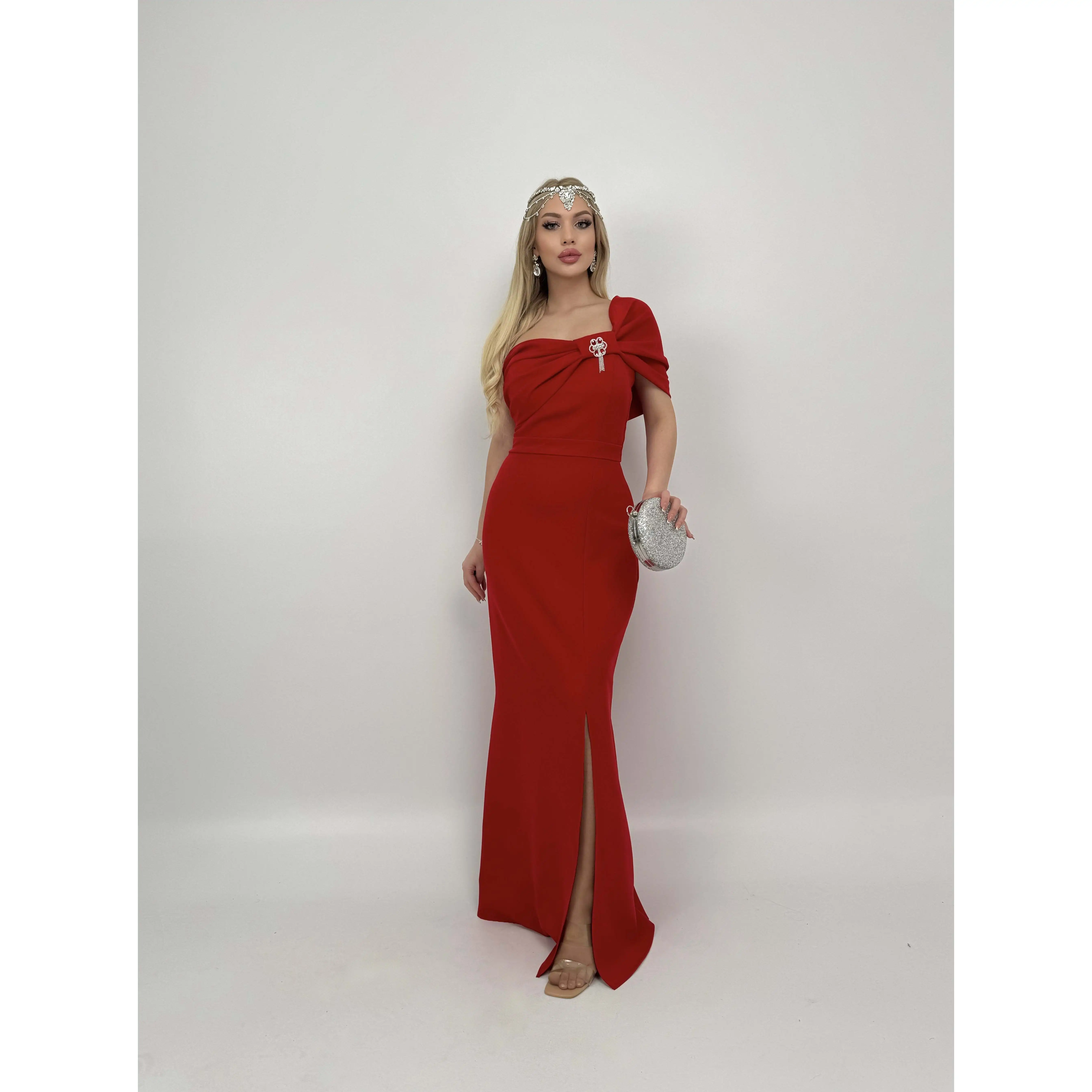 3008 Satin Sheath Dress with Brooch on Shoulder Natural Waistline