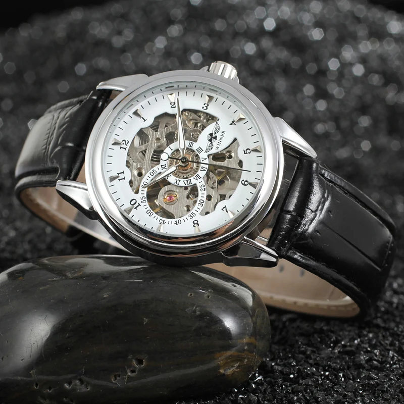 T-winner Leather Strap Skeleton Auto Mechanical Watch